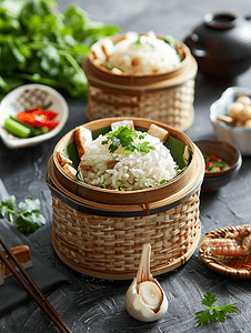 竹柳条糯米篮和蔬菜配菜