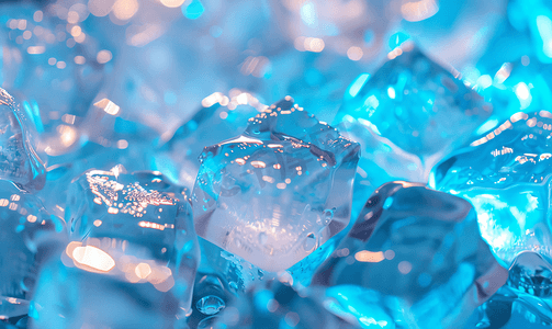 冰凌冰块摄影照片_冰箱中带有蓝色背光的冰块全屏关闭