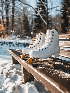 寒假寒假招生摄影照片_白色花样滑冰鞋躺在棕色木凳上活跃的寒假健康生活方式