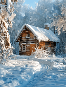 冬季白雪覆盖的花园中的木屋