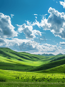 风景秀丽的绿色连绵起伏的山丘映衬着蓝天白云