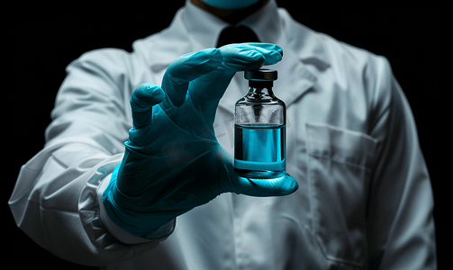 注射瓶摄影照片_一位医生拿着一个装满蓝色液体的小瓶戴着乳胶手套用黑色隔离