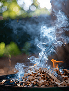冒烟动图摄影照片_烧烤时燃烧的木屑堆上冒烟