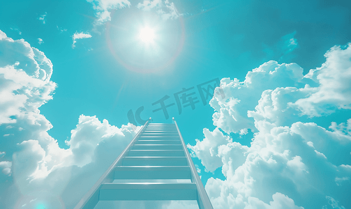 促销文字摄影照片_梯子伸向蓝天和云彩成功之路的概念