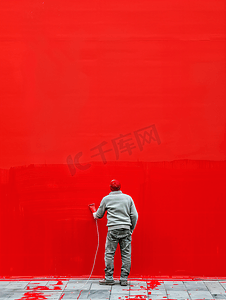 棕色手把摄影照片_画家正在把室内墙壁漆成红色