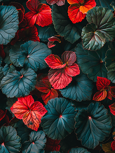 秋海棠花美丽叶子的顶视图红叶自然背景