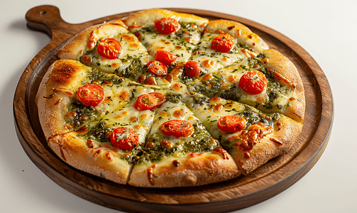上香摄影照片_意大利素食意式面包配上香蒜酱放在木盘上奶酪披萨