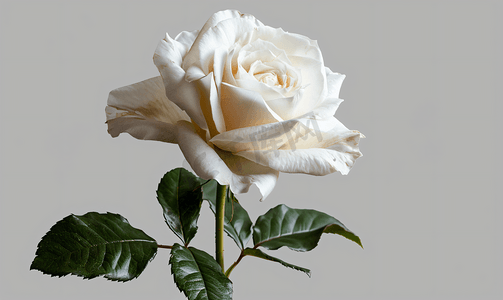 绿色玫瑰花摄影照片_灰色背景中天然的白玫瑰花