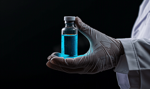 白色乳胶液体摄影照片_一位医生拿着一个装满蓝色液体的小瓶戴着乳胶手套用黑色隔离