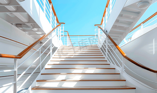 楼梯摄影照片_游轮甲板之间的白色楼梯和木栏杆