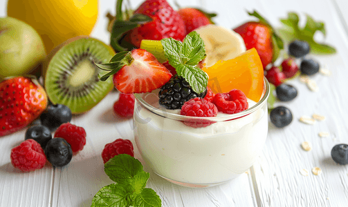 水果燕麦摄影照片_玻璃上的天然白酸奶白色木桌上有新鲜水果