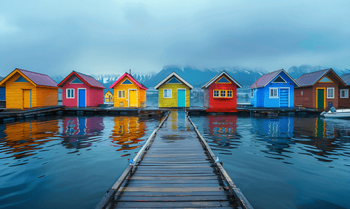 拍摄于码头上色彩缤纷的浮动房屋