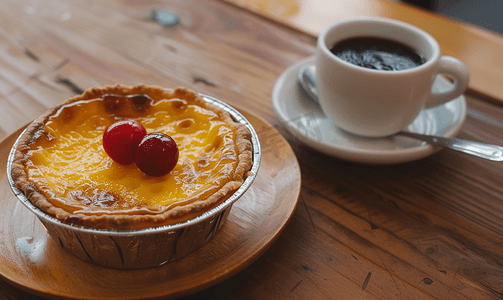 木桌上的铝箔杯蛋挞配红樱桃和咖啡