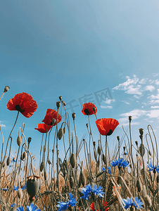 玉米田中的红色鲜罂粟花和蓝色矢车菊映衬着大自然的蓝天