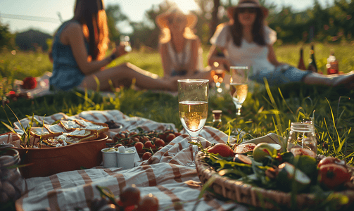 暑假期间朋友们在户外野餐法式晚宴