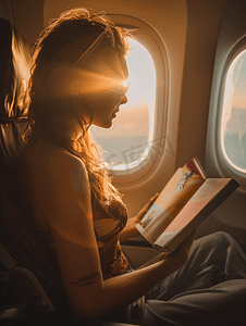 读后感背景图摄影照片_出席乘客在飞机座位上看书