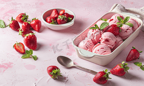自制草莓冰淇淋用新鲜的草莓
