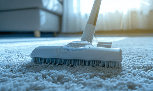 地毯上无绳真空吸尘器的白色涡轮刷室内清洁概念