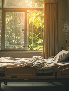 首页鞋子海报摄影照片_空荡荡的医院病床阳光从窗户照进来复古色调
