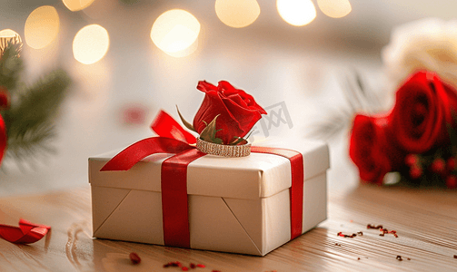 新品热销摄影照片_木桌上有红丝带环金花玫瑰的礼盒