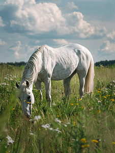 白马在农田草地上吃草