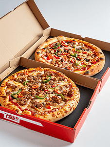 披萨盒摄影照片_披萨盒中的两张顶面披萨