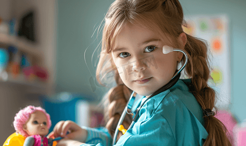 听诊器的女孩玩医生听娃娃女孩扮演医生