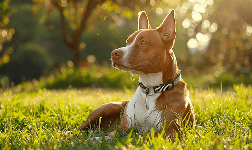 后院阳光明媚的日子里红牛梗犬在户外的肖像照片