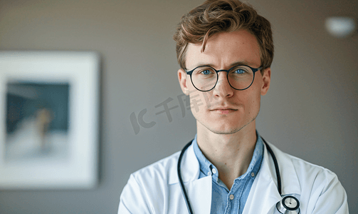 一名戴眼镜和白色外衣看镜头的医生的肖像