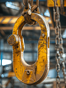 电梯里摄影照片_工厂里有链条和大黄色钩子的工业高架起重机