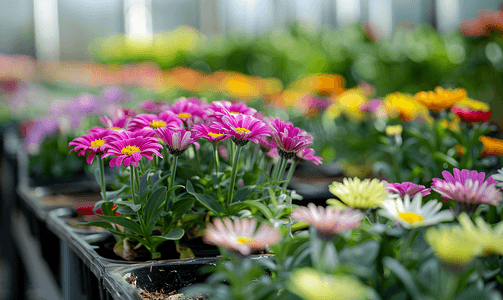 温室里一排排年轻的紫苑花种植园里有很多室内植物