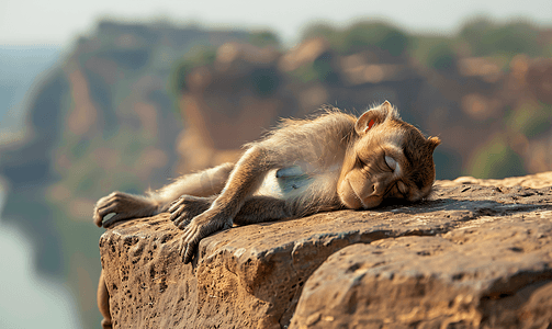 巴达茶树王摄影照片_睡在巴达米堡岩石上的帽子猕猴