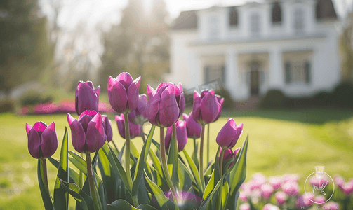 多彩绿色摄影照片_草坪和明亮的白色房子前的一群紫色郁金香
