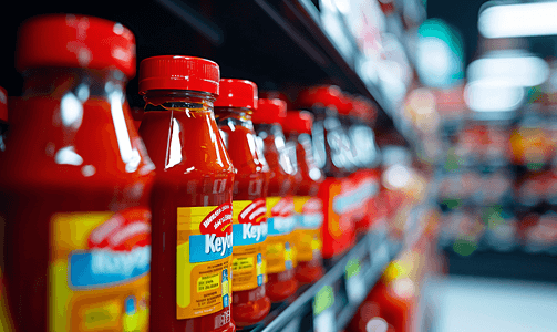 食品超市摄影照片_超市货架上的番茄酱调味瓶产品模糊背景