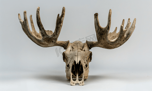 麋鹿背景摄影照片_孤立的年轻驼鹿动物头骨的前视图