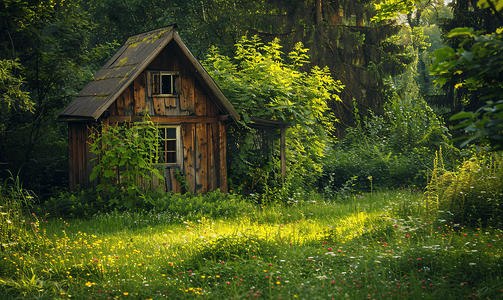 别墅小摄影照片_杂草丛生的花园里的小木屋
