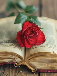 书页弯曲的心形和红玫瑰
