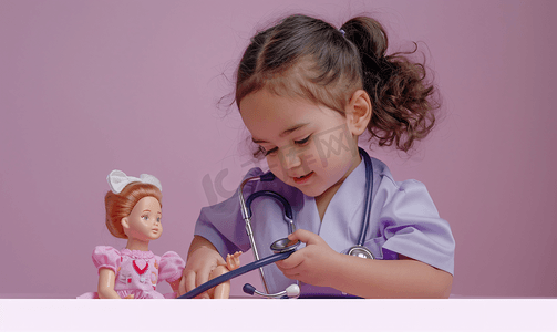 洋娃娃摄影照片_听诊器的女孩玩医生听娃娃女孩扮演医生