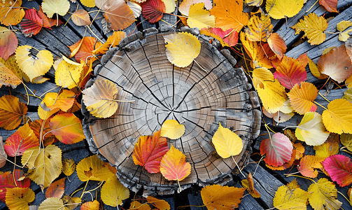 锯木摄影照片_多彩的秋叶和锯木