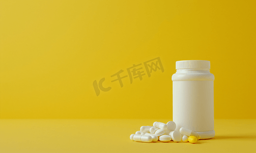黄色背景上带药丸胶囊的白色塑料药瓶复制空间