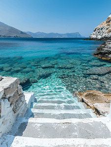 希腊岛屿的原始海湾景观有通向水面的混凝土台阶
