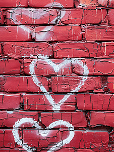 心形浪漫情人节摄影照片_有白色心形轮廓的红砖墙