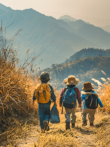 知青岁月摄影照片_三个孩子在木山上行走的背影家庭旅行和与孩子一起徒步旅行