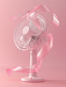 电器主图摄影照片_电风扇是白色的粉红色的丝带在粉红色的背景下在风中飘扬
