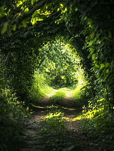 一条黑暗的绿色隧道引导着眼睛沿着小路走向远方