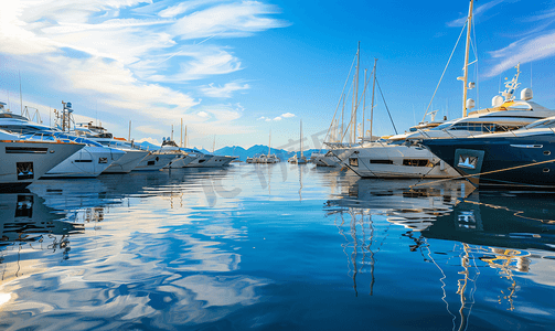 蓝色船摄影照片_法国戛纳码头游艇景观