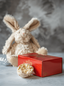 兔子粉色摄影照片_红色盒子里有半个巧克力复活节彩蛋和背景中的毛绒兔子