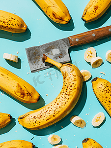 香蕉多摄影照片_用切肉刀将熟透的黄色香蕉切成几块