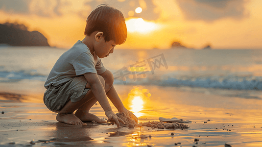沙滩捡贝壳摄影照片_海边玩沙子捡贝壳的儿童15