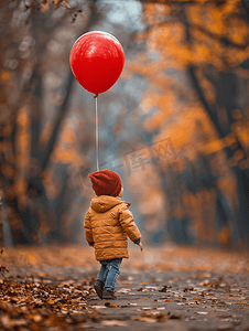 气球可爱摄影照片_秋天公园里带着红气球的可爱孩子